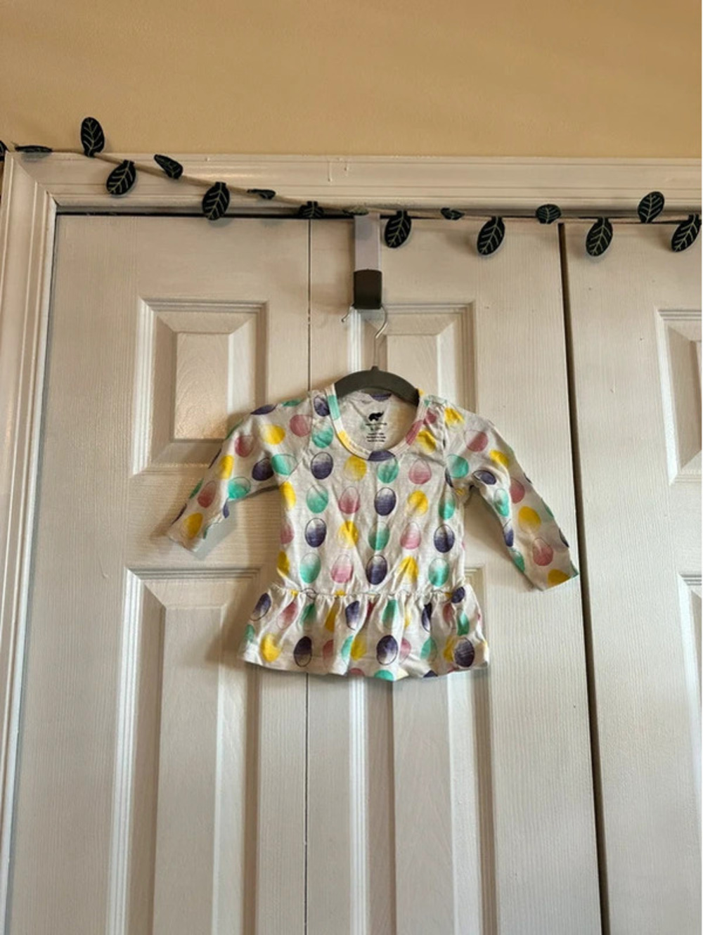 Monica and Andy Easter egg peplum shirt, size 6-12 months.